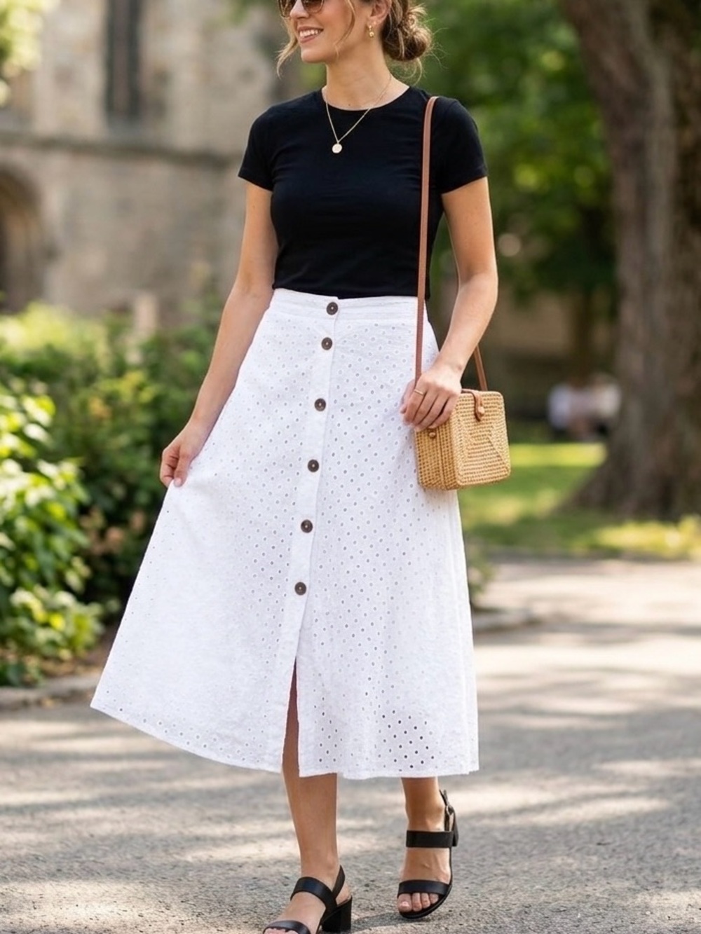 Zara, White Eyelet Button-Front Midi Skirt, Women’s Size Large